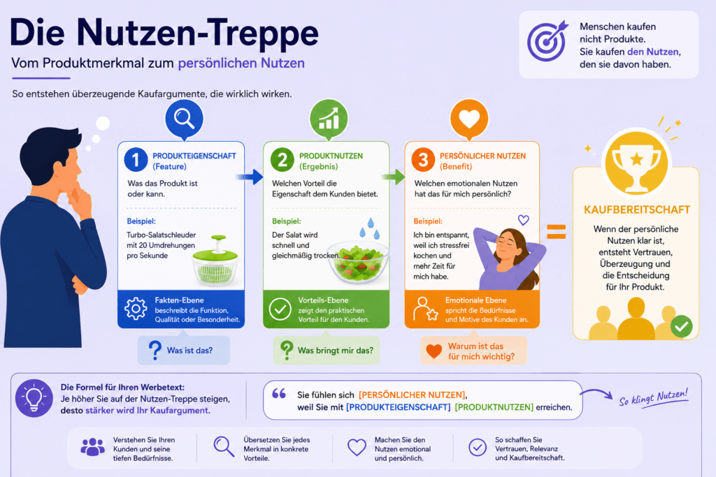 SV-Dailogmethode Die Nutzen-Treppe_ Jetzt spricht die Werbung nicht mehr über das Produkt. Sie spricht über den Menschen.